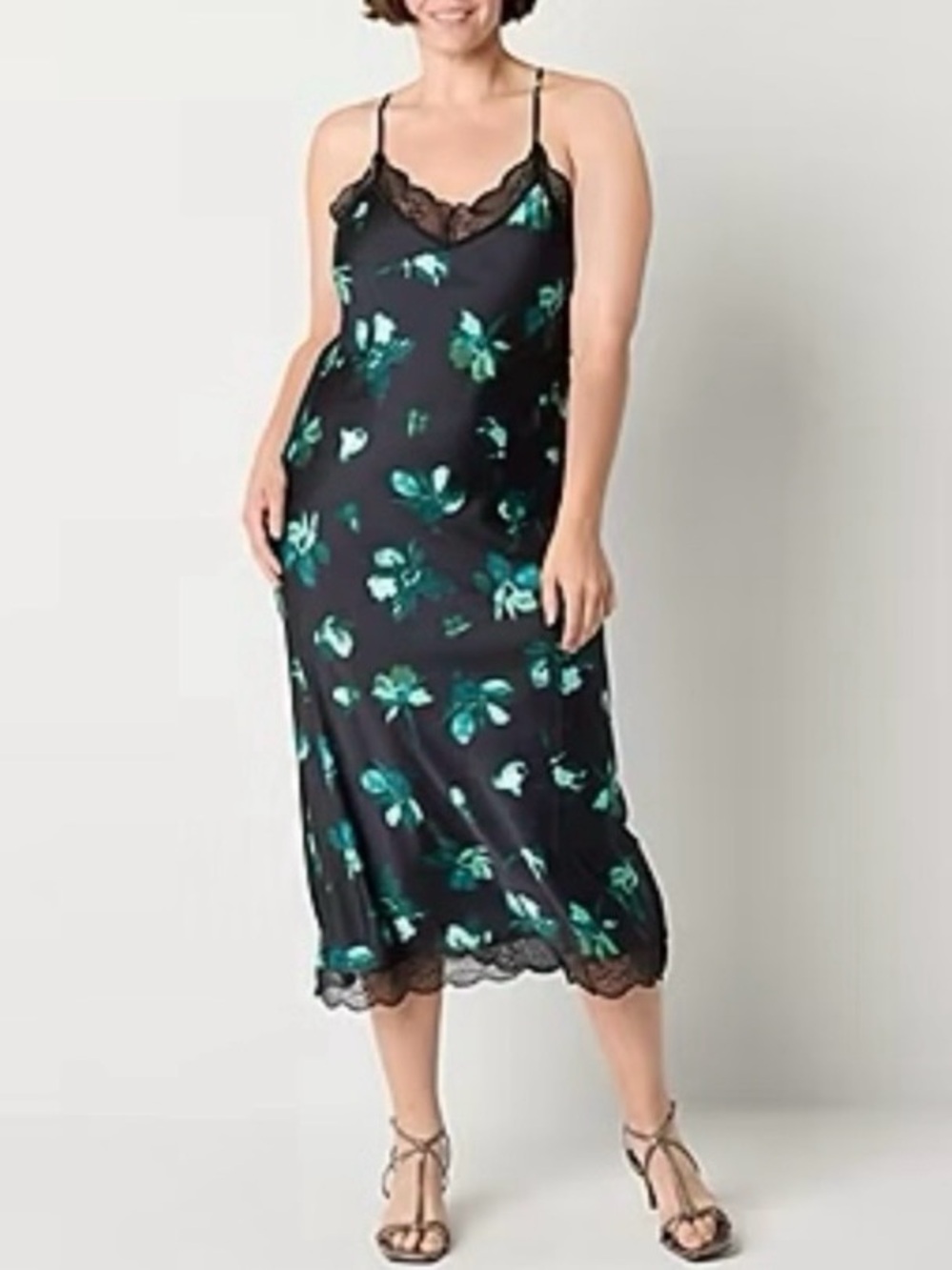 Floral Satin Slip Dress with Lace Trim - Black & Teal